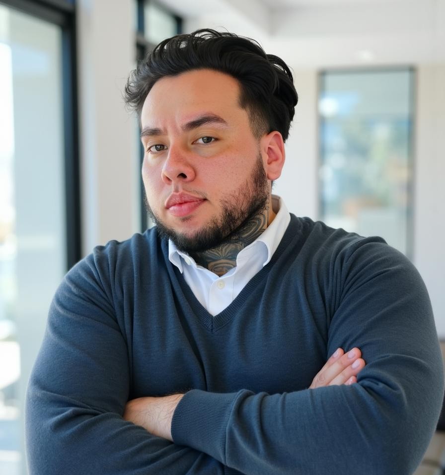 professional portrait of a male consultant working on financial technology, using laptop with payment processing screens, modern office setting, blue and white color scheme
